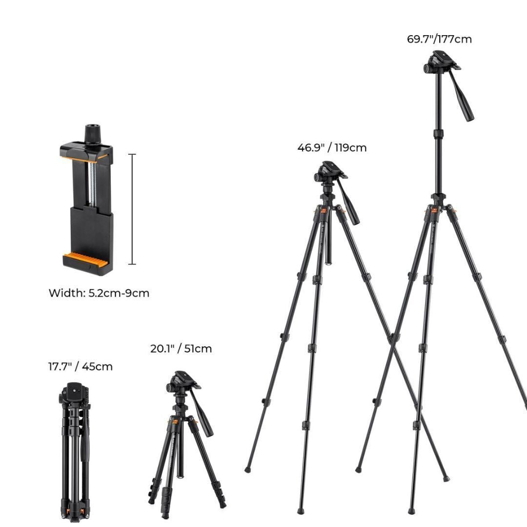 K&F Concept 64-Inch Professional Aluminum Tripod Model K234A0 and Video Head with Phone Holder