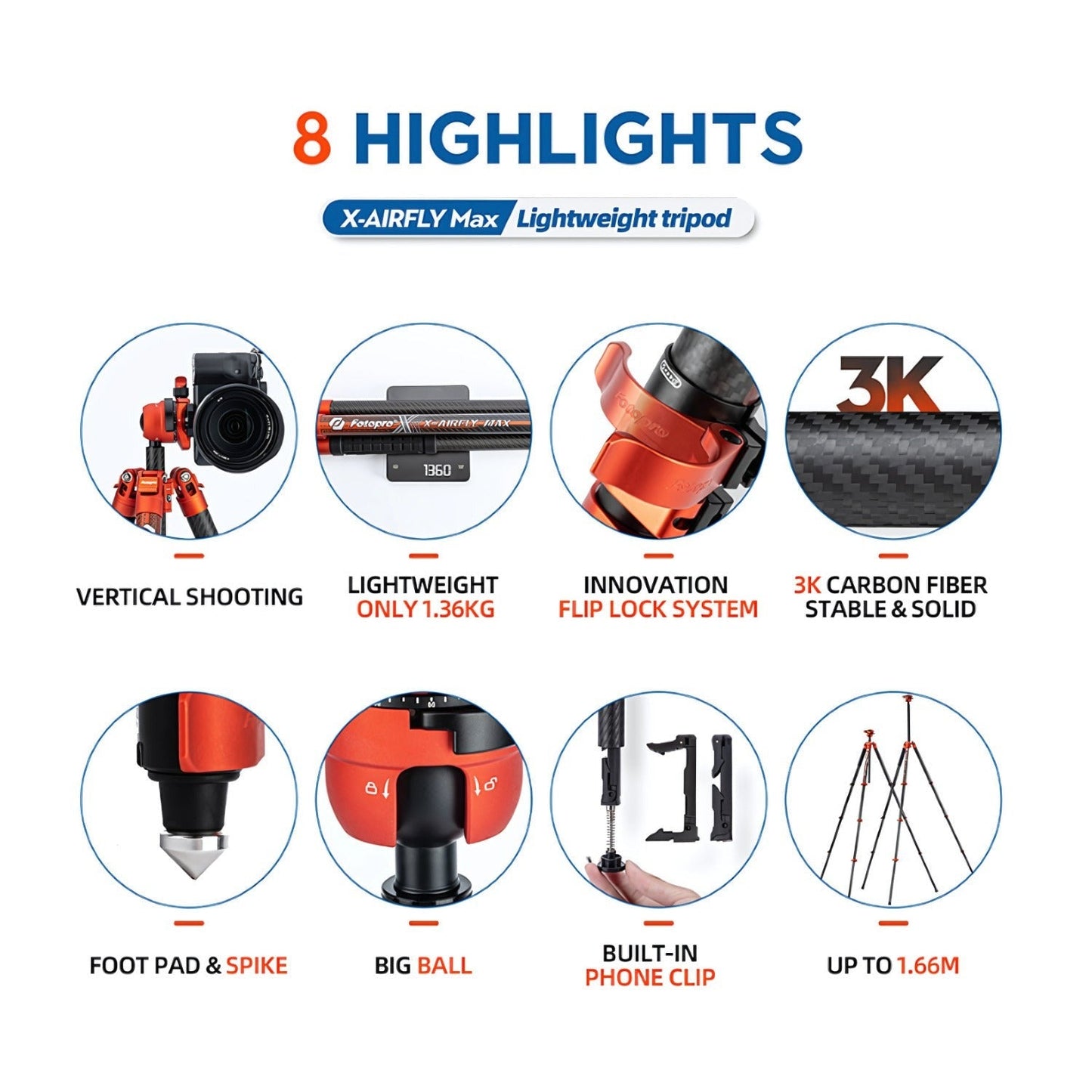 Fotopro X-Airfly Max Tripod with Detachable Monopod and Phone Holder (Orange)