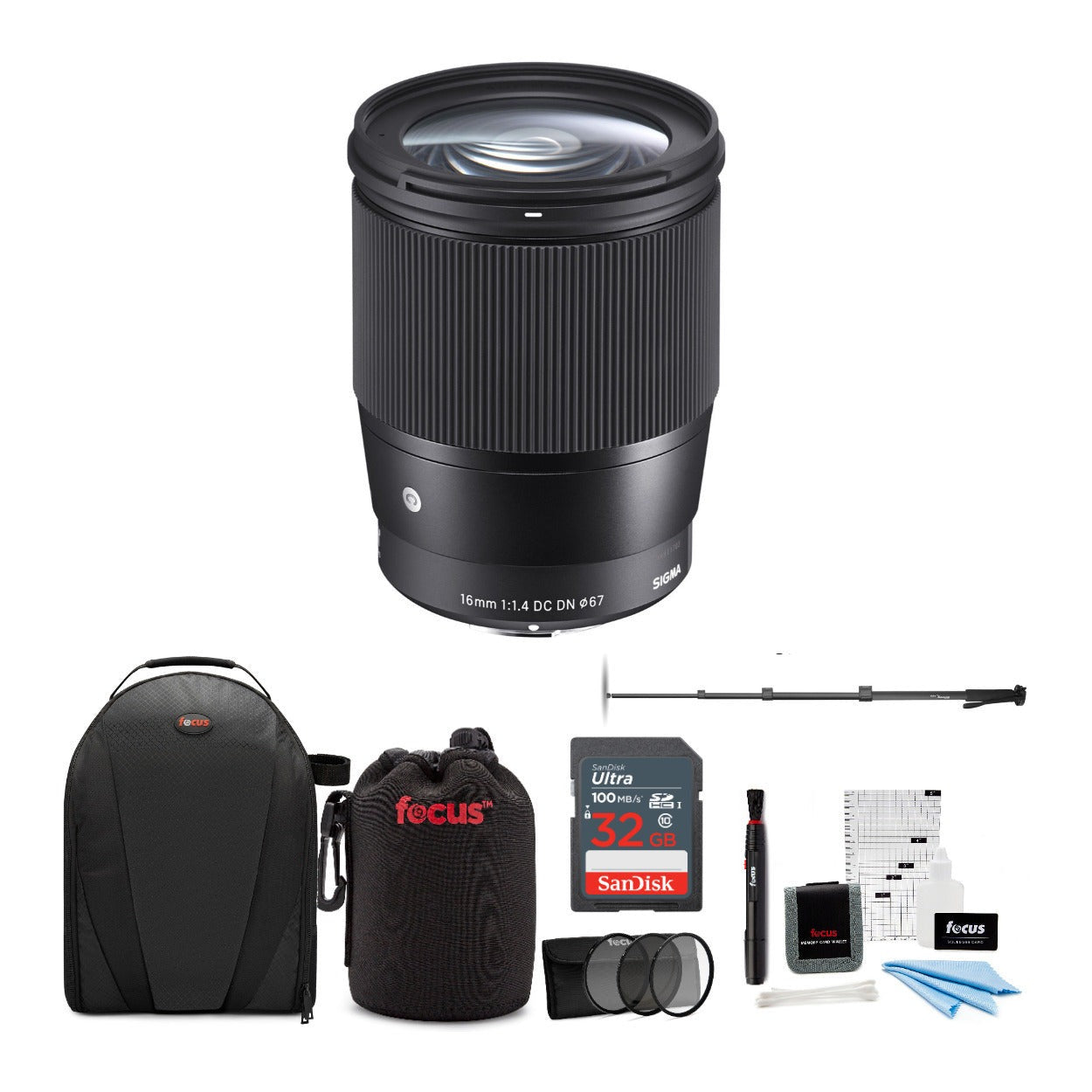 Sigma 16mm f/1.4 DC DN Contemporary Lens for Sony with Accessory Bundle