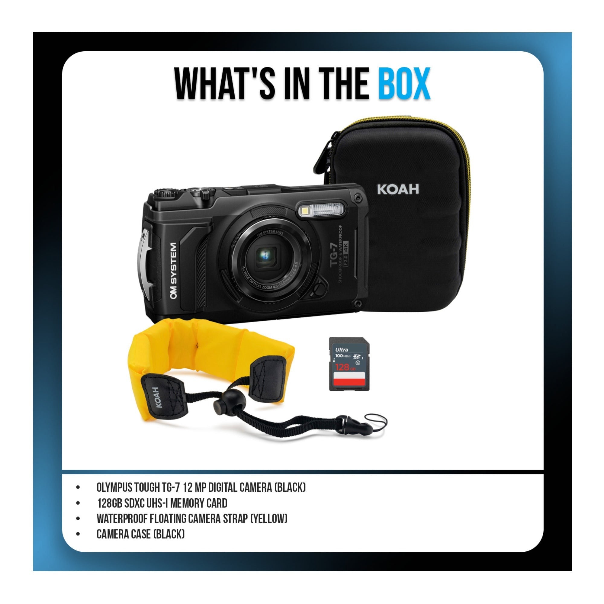 OM SYSTEM Tough TG-7 Digital Camera (Black) Bundle with 128GB Card, Floating Strap & Case