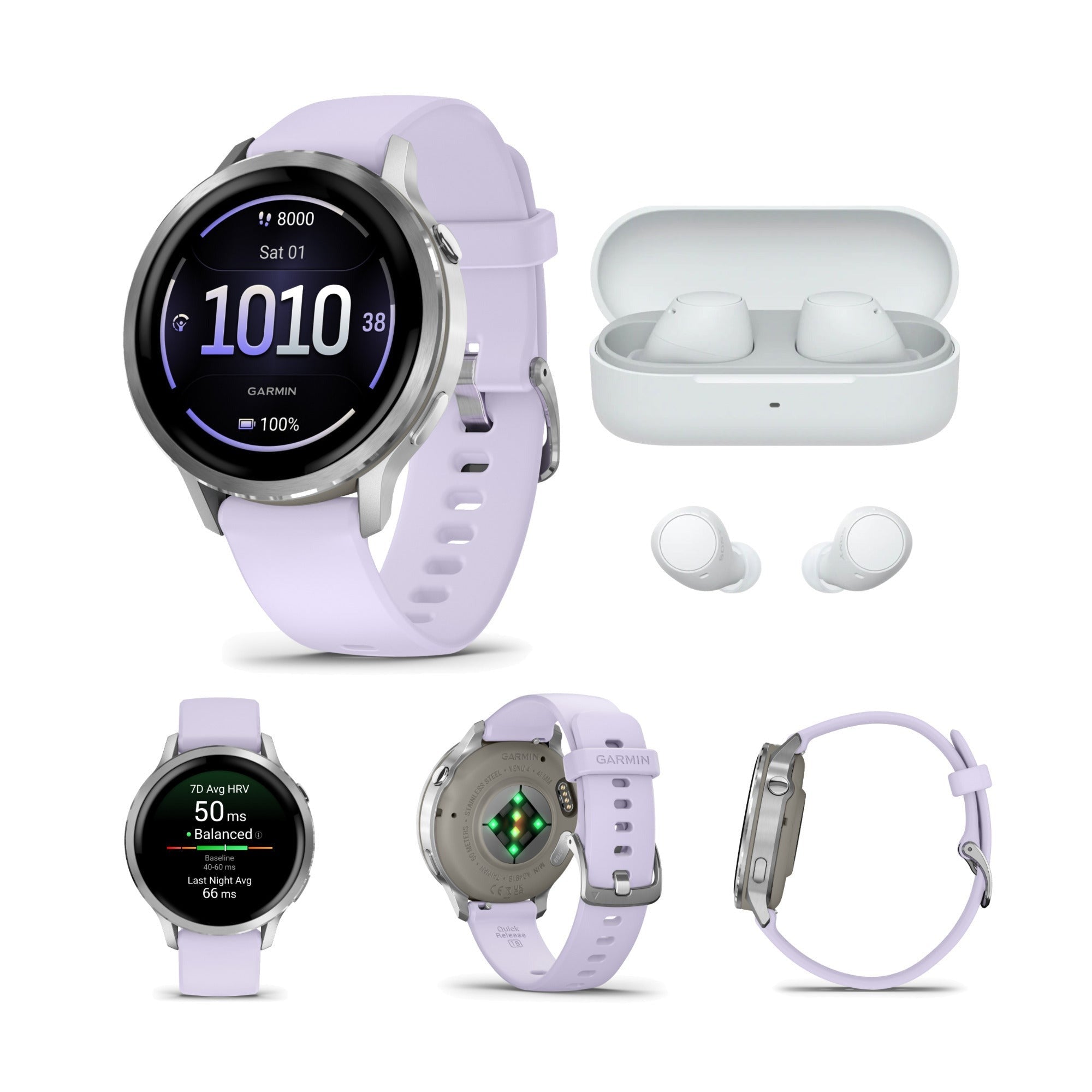Garmin Venu 4 41mm AMOLED (Silver/Periwinkle) GPS Smartwatch with Earbuds Bundle