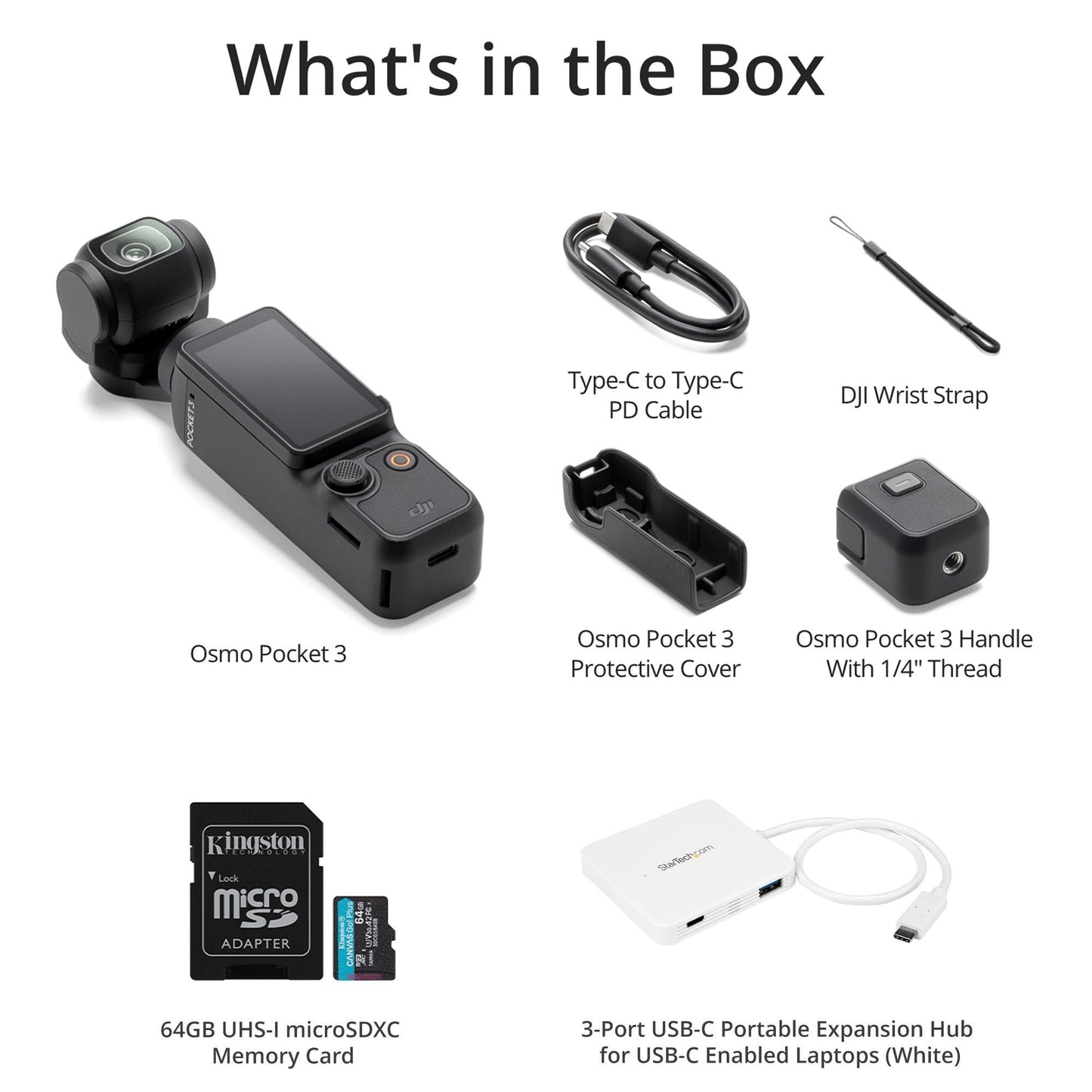 DJI Osmo Pocket 3 Handheld Action Camera with 64GB MicroSD Card and 3-Port USB-C Hub Bundle