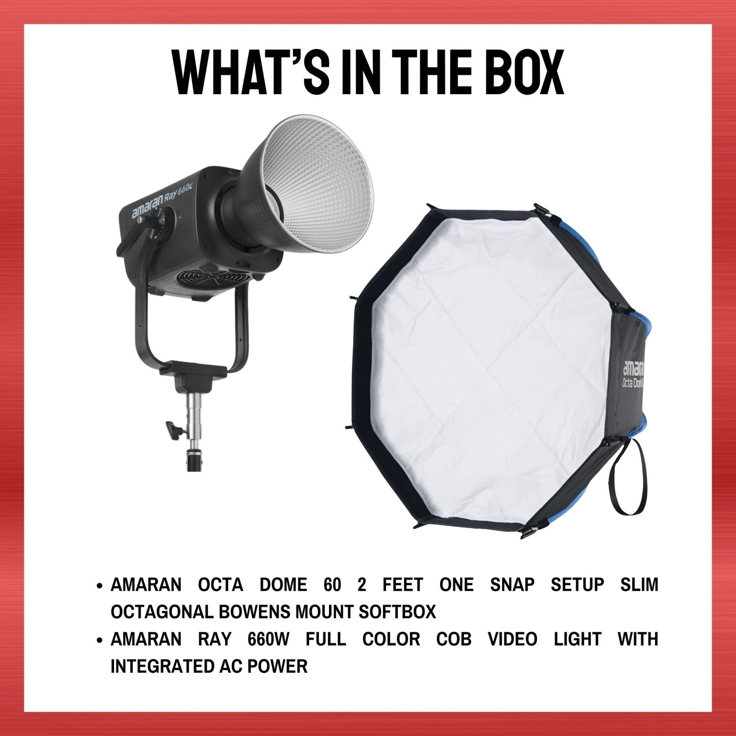 Amaran Ray 660W Full Color COB Video Light with AC Power and Octa Dome 60 Bundle