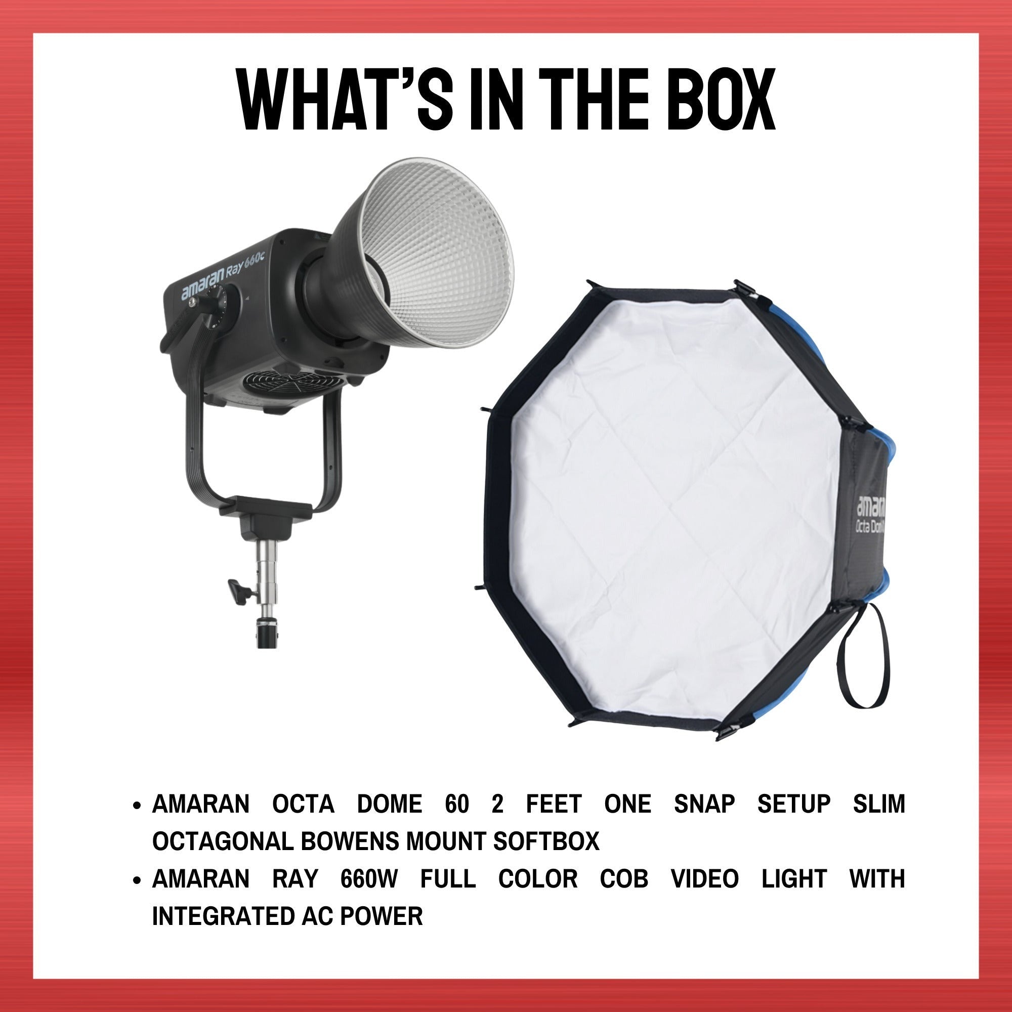 Amaran Ray 660W Full Color COB Video Light with AC Power and Octa Dome 60 Bundle