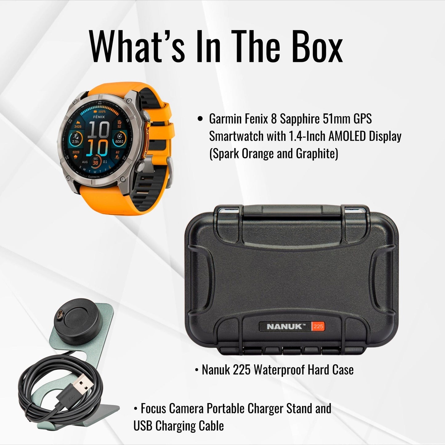 Garmin Fenix 8 Sapphire 51mm GPS Smartwatch with AMOLED Display (Spark Orange and Graphite) Bundle