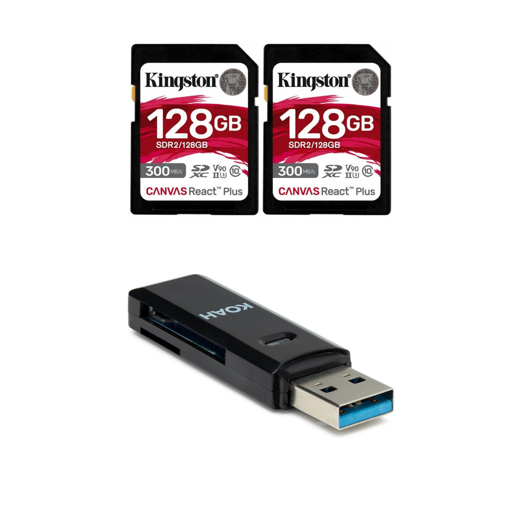 Kingston Canvas React Plus 128GB U3 V90 SDXC UHS-II SD Card (2-Pack) with 2-In-1 Memory Card Reader