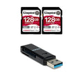 Kingston Canvas React Plus 128GB U3 V90 SDXC UHS-II SD Card (2-Pack) with 2-In-1 Memory Card Reader