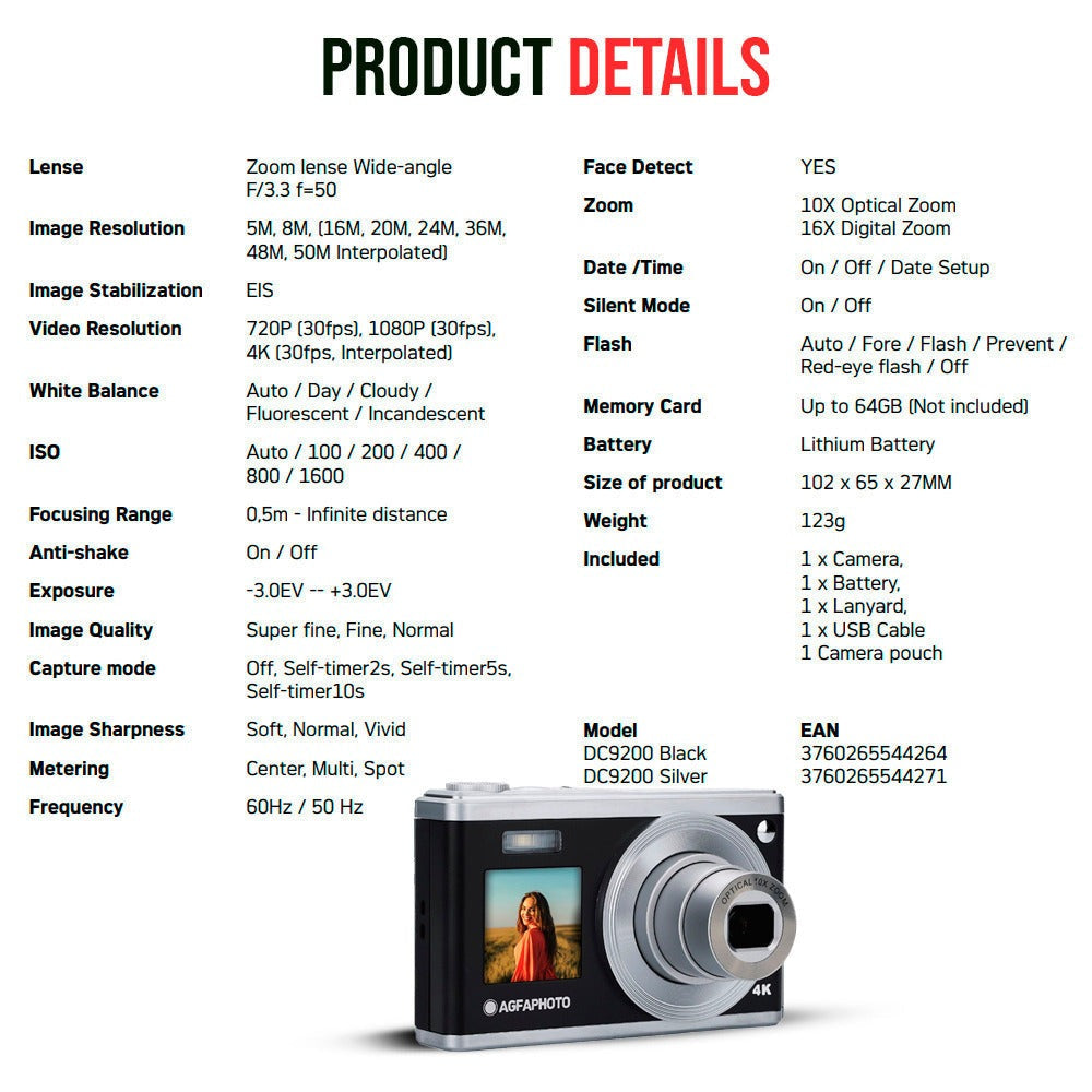 Agfa Photo DC9200 Compact Digital Camera (Black) with Camera Case (Black and Galaxy Blue) Bundle