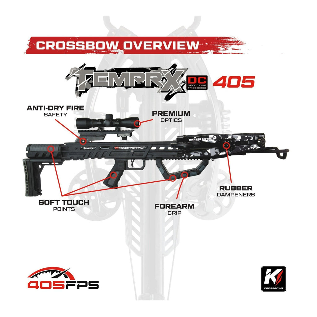 Killer Instinct Tempr-X 405 Crossbow with Case, Bolts, Crank, and Broadhead