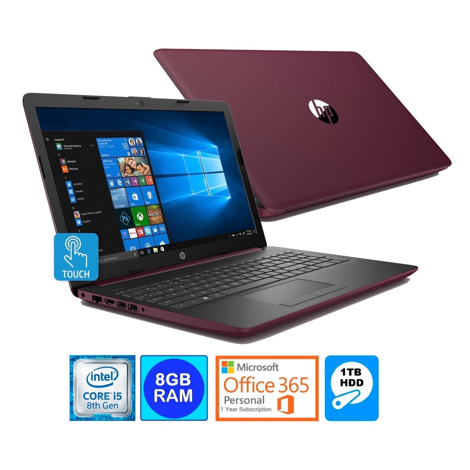HP Laptop, 15.6" HD Touch, Intel Core i5-8250U, 8GB RAM, 1TB HDD, Microsoft 365 Personal 1-Year (Burgundy) (Certified Refurbished)
