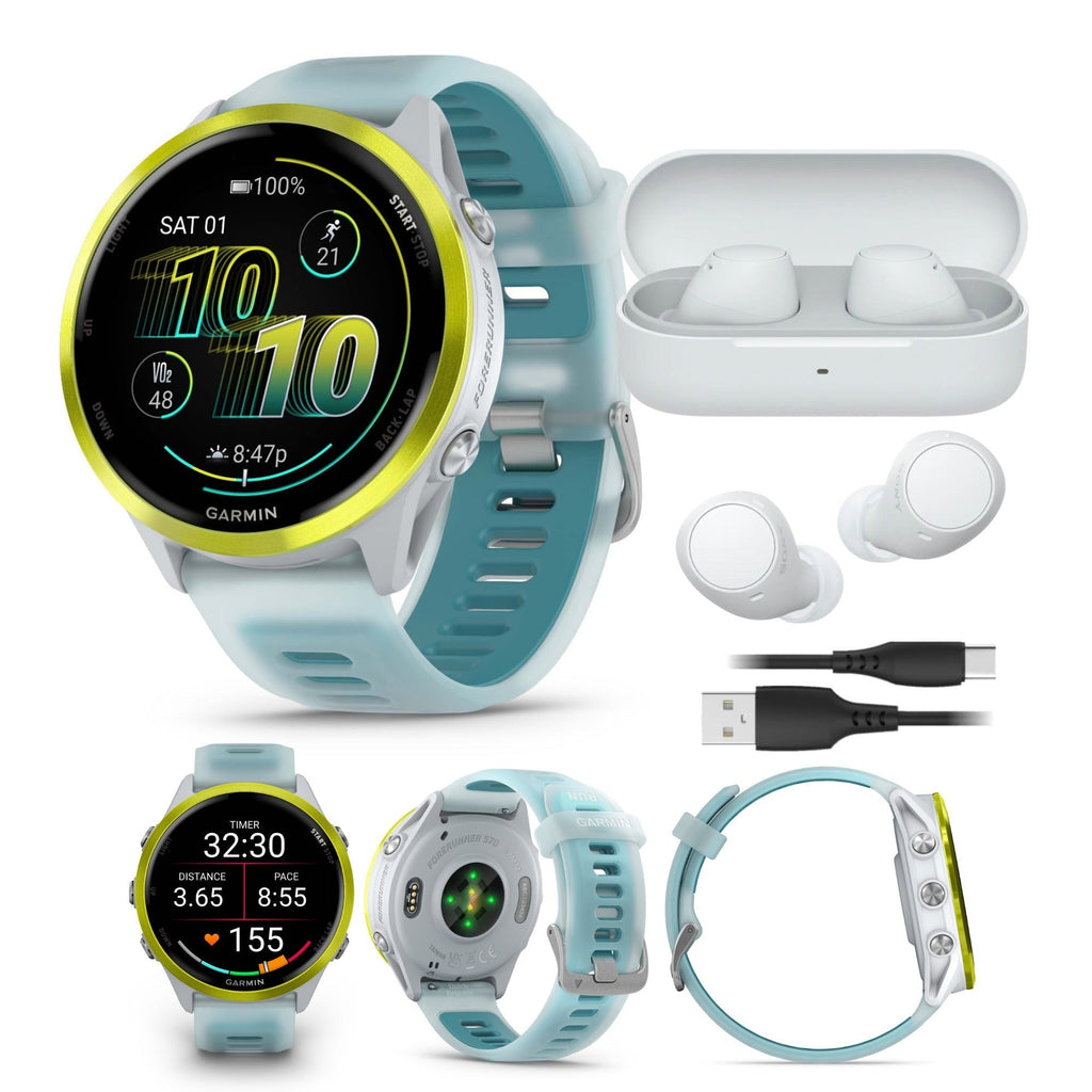 Garmin Forerunner 570 47mm (Yellow/Turquoise) GPS Smartwatch with Earbuds Bundle